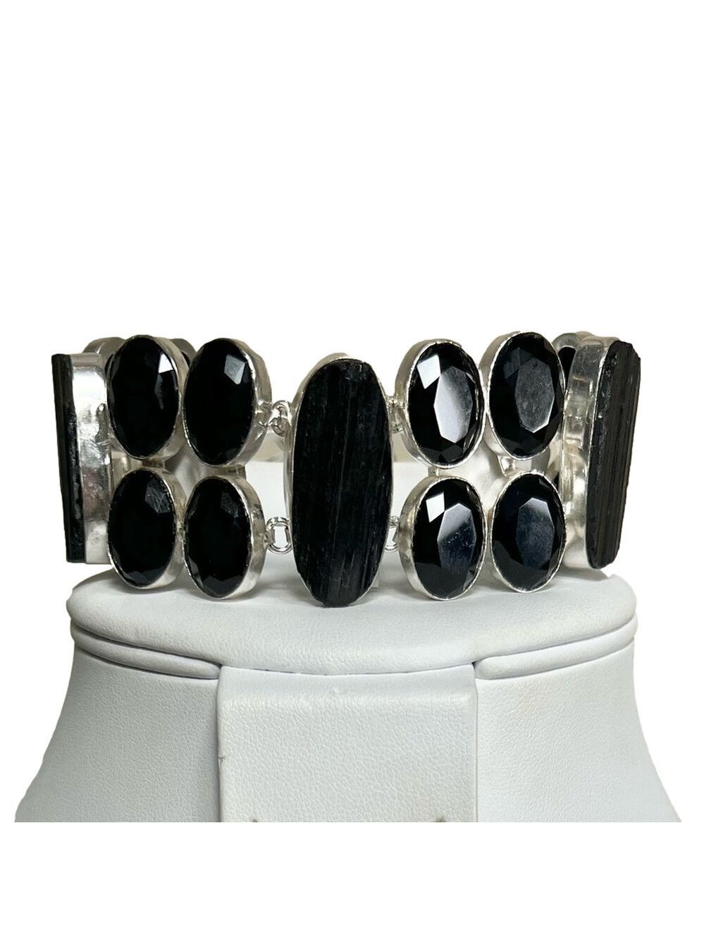 Black Tourmaline & Synthetic Black Onyx 925 Large Gemstone Bracelet